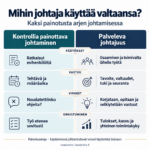 Kontrollia painottavan johtamisen ja palvelevan johtajuuden vertailu päätösten, vastuun, virheiden ja onnistumisen näkökulmista.